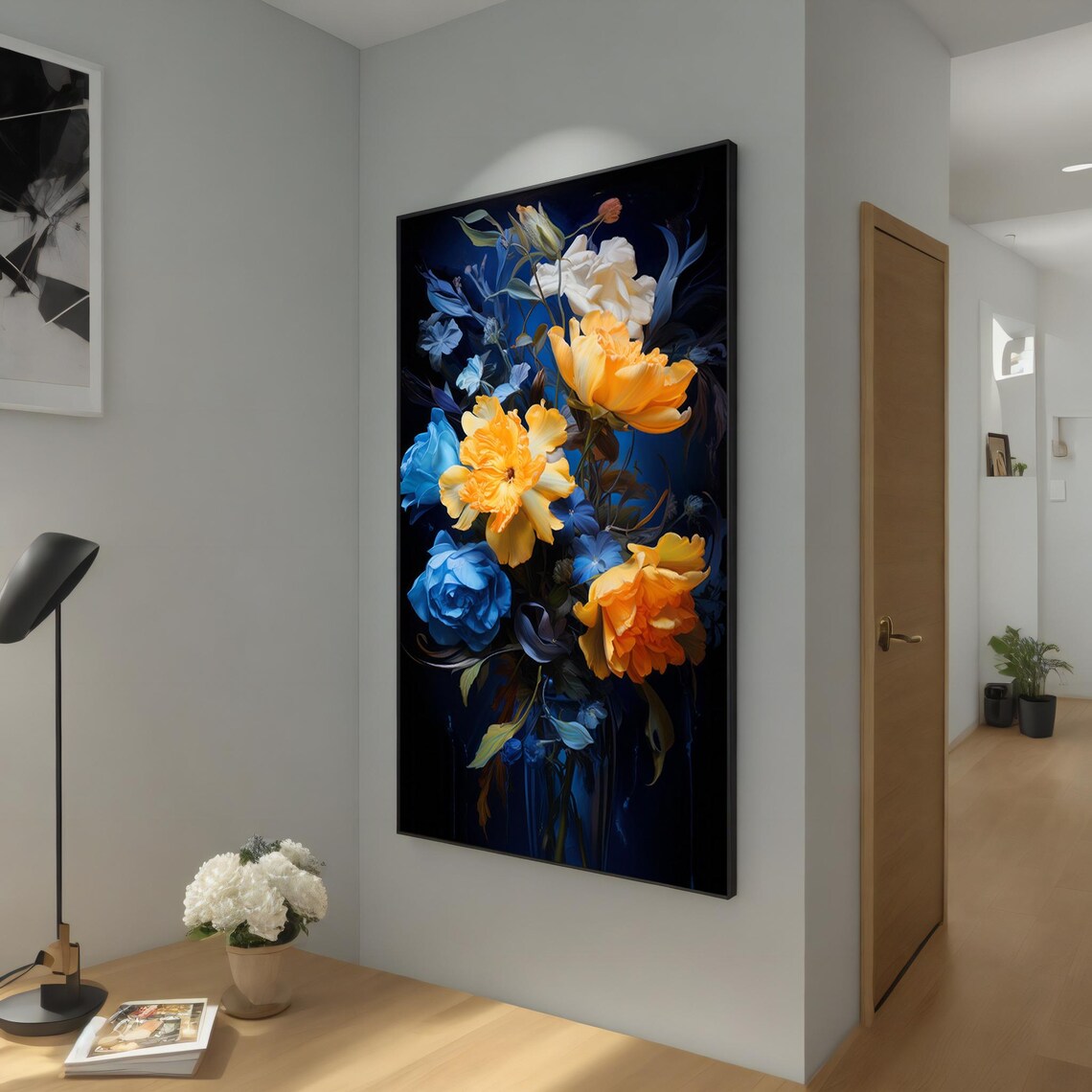 Vibrant Yellow Peony Blue Rose Dark Botanical Painting Art Poster