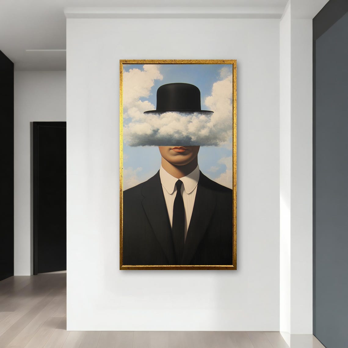 Surreal Magritte Inspired Painting Cloud Covered Face In Suit Wall Decor Ready To Hang Modern Painting Unique Gift - Image 4