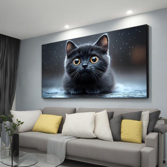 Black Kitten Amber Eyes Rain Moody Close-Up Animal Portrait Poster
