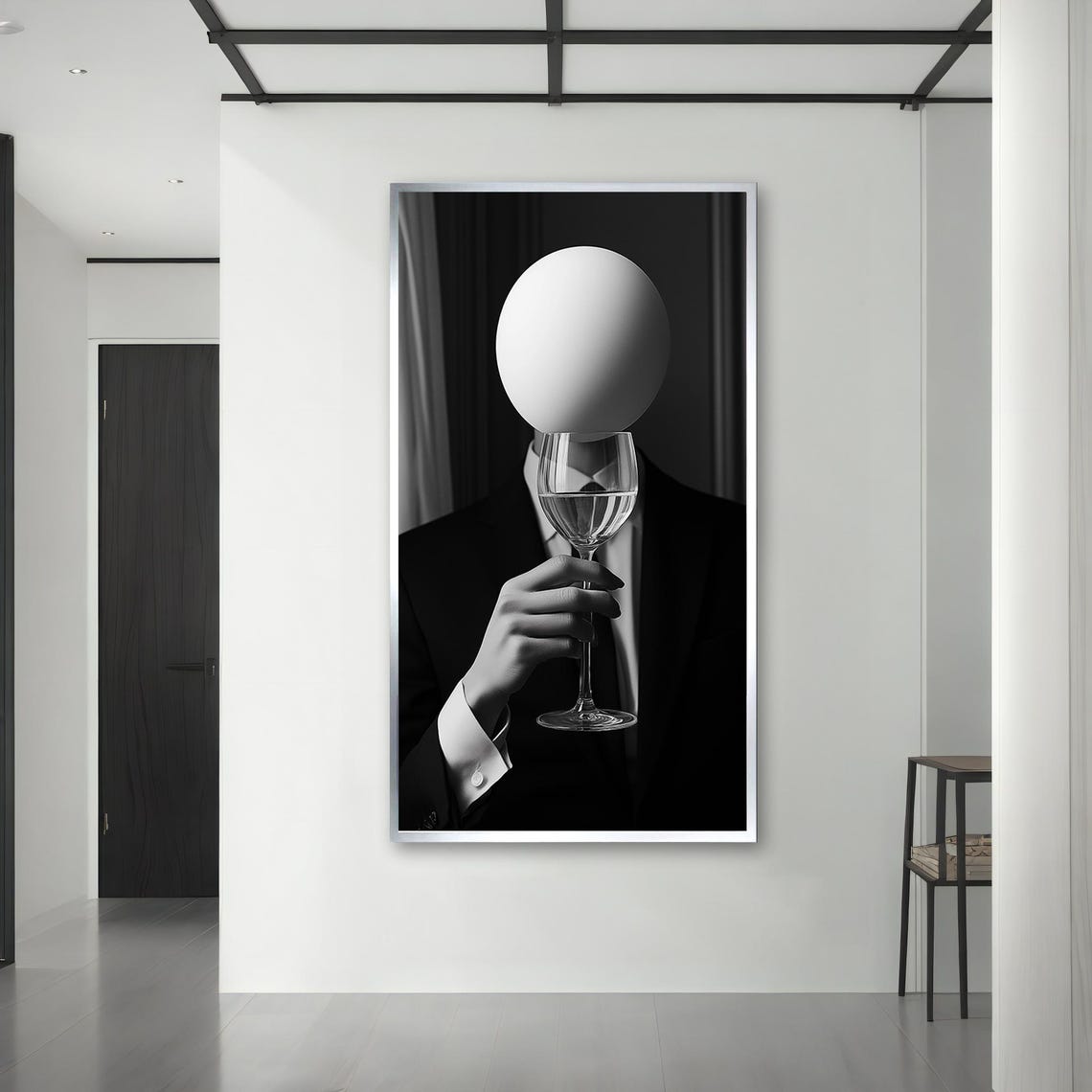 Faceless Man In Suit Holding Wine Glass Black White Surreal Art Poster - Image 3