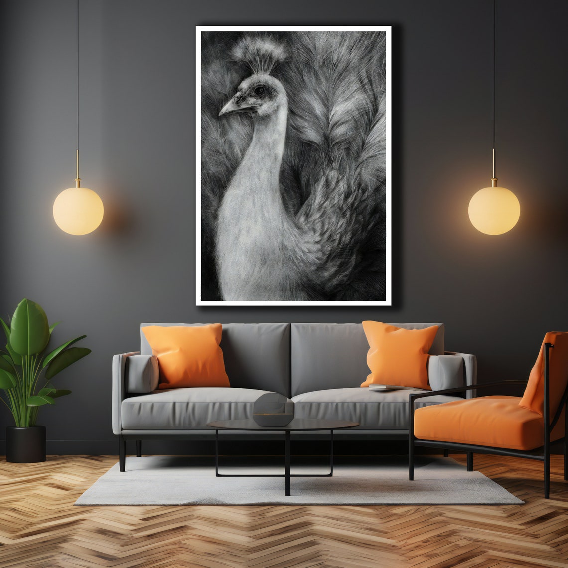 Black And White Peacock Charcoal Portrait Dramatic Bird Poster - Image 3