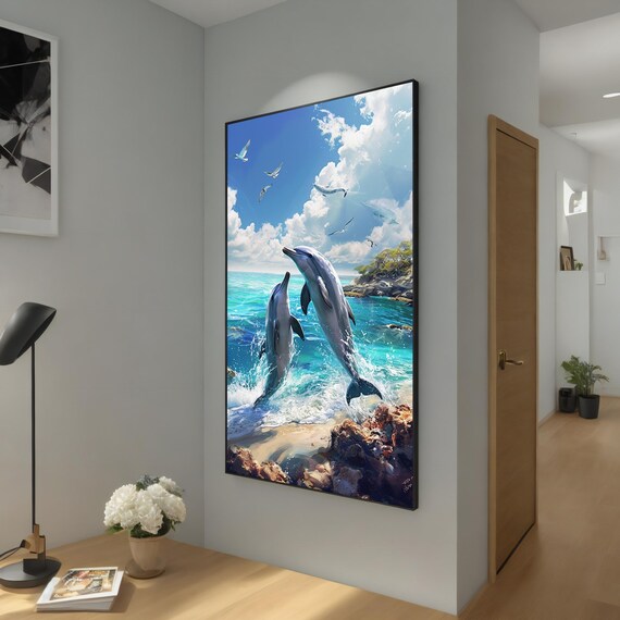 Dolphin Fish Painting Dolphins Jumping Ocean Art Coastal Wall Decor Seascape Wall Art Beach House Gift