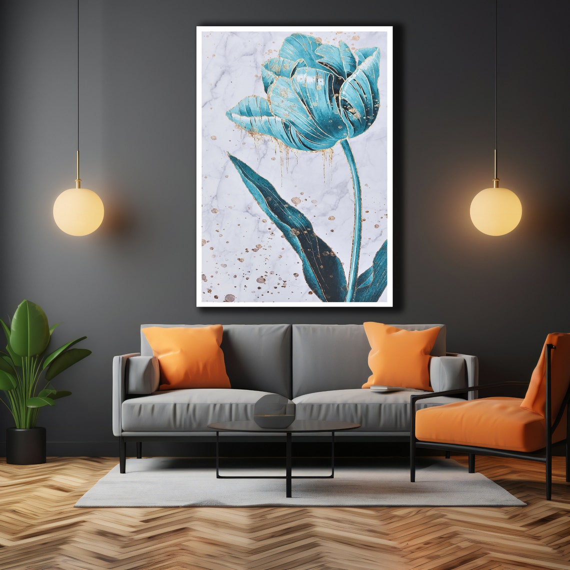 Teal Tulip With Gold Splatter on Marble Elegant Blue Floral Wall Art - Image 3
