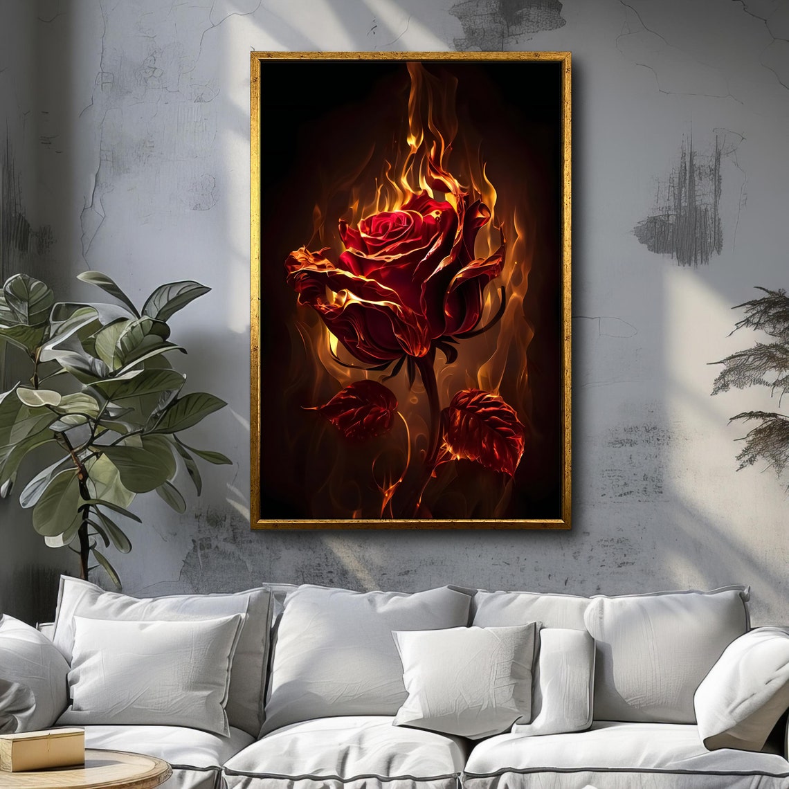 Flaming Red Rose in Fire on Black Dramatic Gothic Floral Art Poster - Image 3