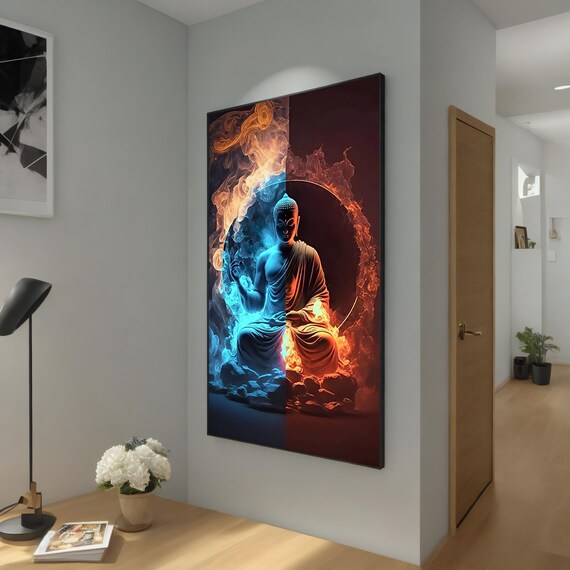 Blue Ice Red Fire Buddha Duality Split Meditation Spiritual Enlightenment Poster