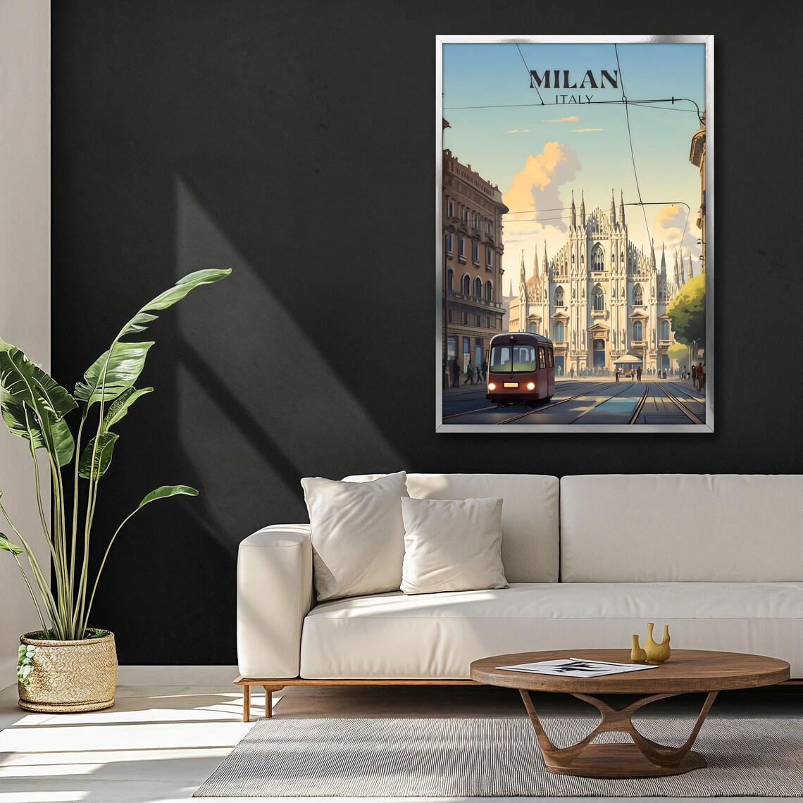 Vintage Milan Italy Duomo Cathedral Red Tram Retro Travel Poster - Image 3