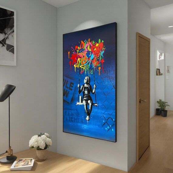 Girl On Swing With Colorful Graffiti Balloons Urban Street Art Blue Poster