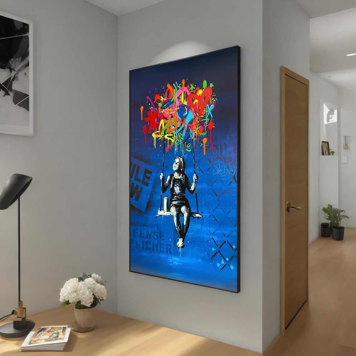 Girl On Swing With Colorful Graffiti Balloons Urban Street Art Blue Poster