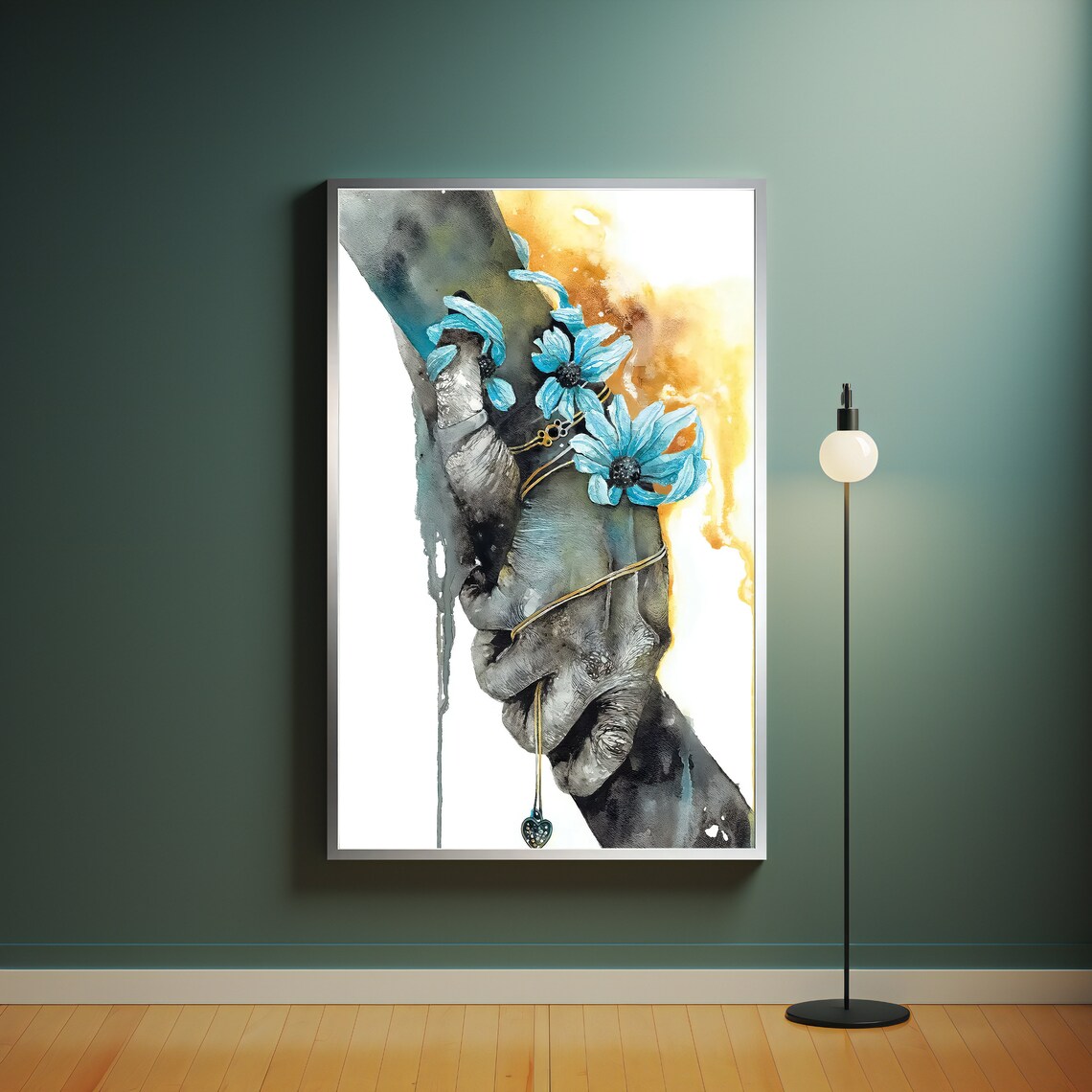 Clasped Hands With Blue Flowers Watercolor Romantic Love Art Poster - Image 4