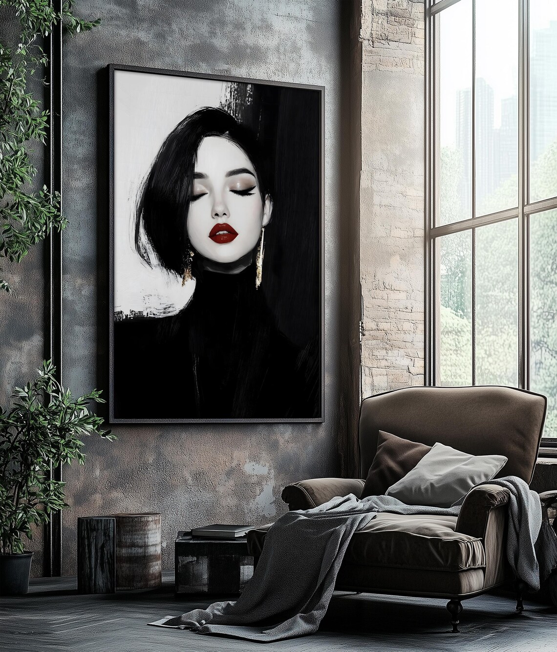 Black White Woman Red Lips Gold Minimalist Fashion Art Poster