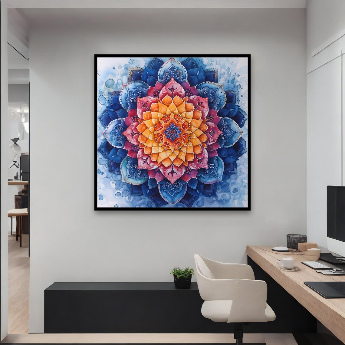 Blue Orange Pink Watercolor Mandala Floral Meditation Zen Wall Poster - Image 4