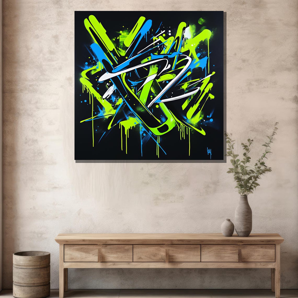 Neon Graffiti Abstract Lime Green Blue Bold Drip Street Art Print - Image 2