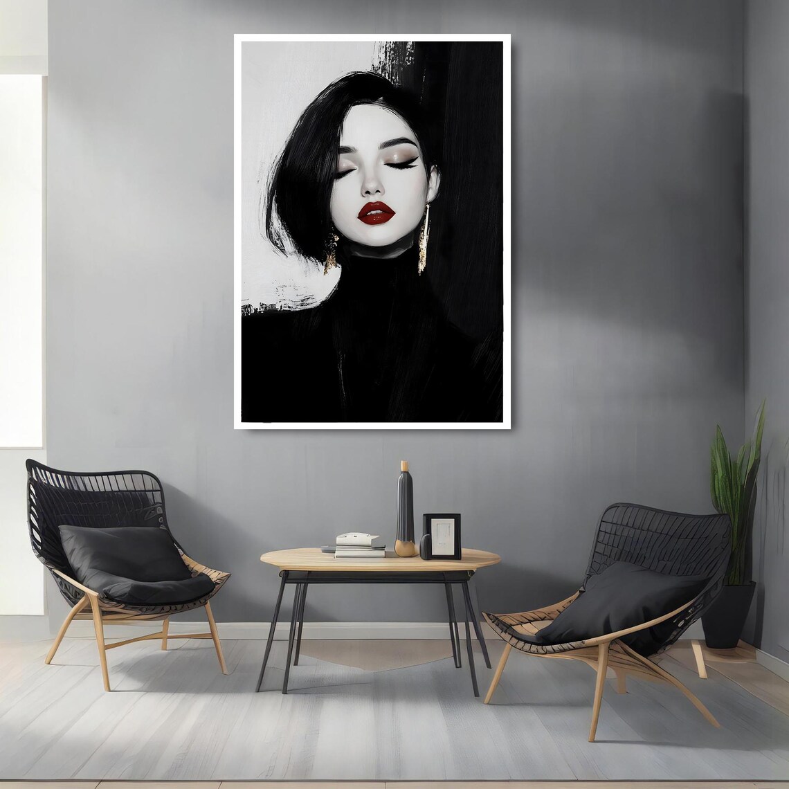 Black White Woman Red Lips Gold Minimalist Fashion Art Poster - Image 2