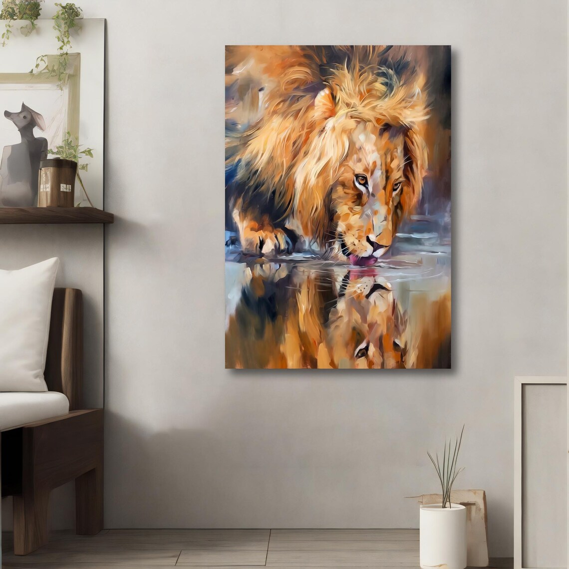 Lion Drinking Water Reflection Golden Mane Wildlife Painting Wall Poster - Image 4