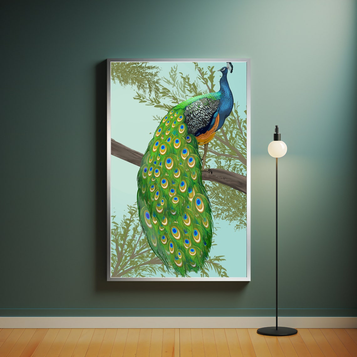 Majestic Peacock Perched on Branch Colorful Bird Illustration Poster - Image 4