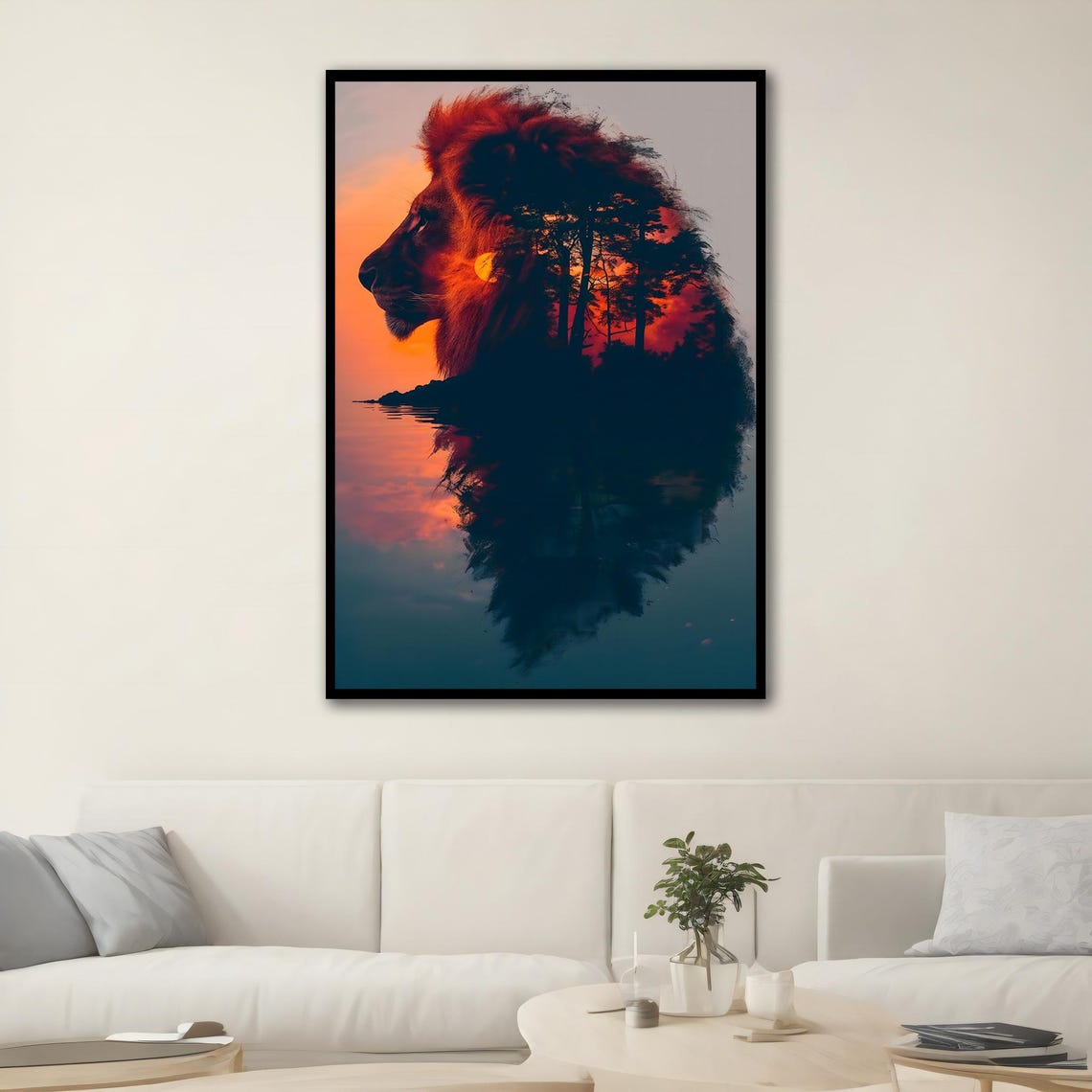 Lion Profile Sunset Forest Double Exposure Wildlife Art Poster - Image 2