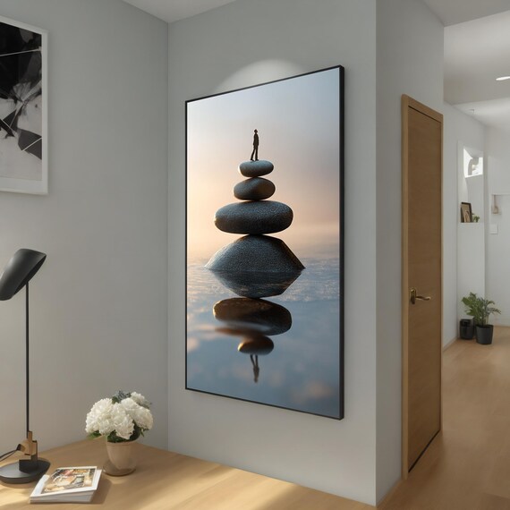 Balanced Zen Stones With Human Silhouette Sunset Water Reflection Calm Poster