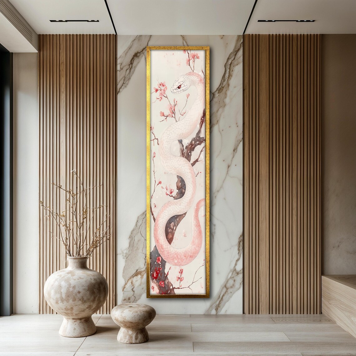 White Snake Cherry Blossom Japanese Style Vertical Wall Art Poster