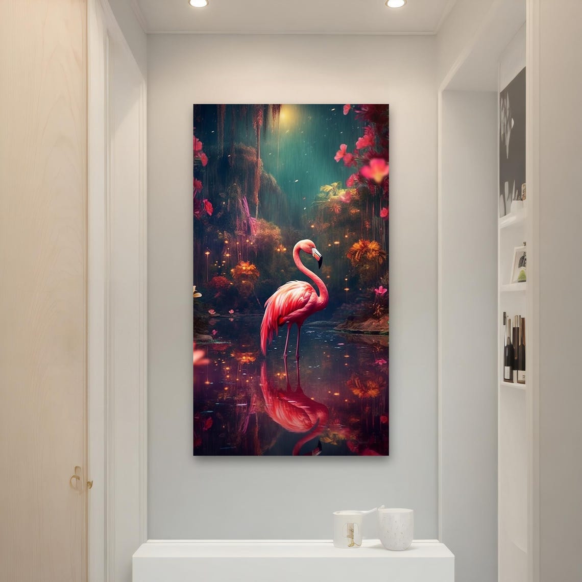 Pink Flamingo in Enchanted Forest Pond Reflection Magical Art Poster - Image 4