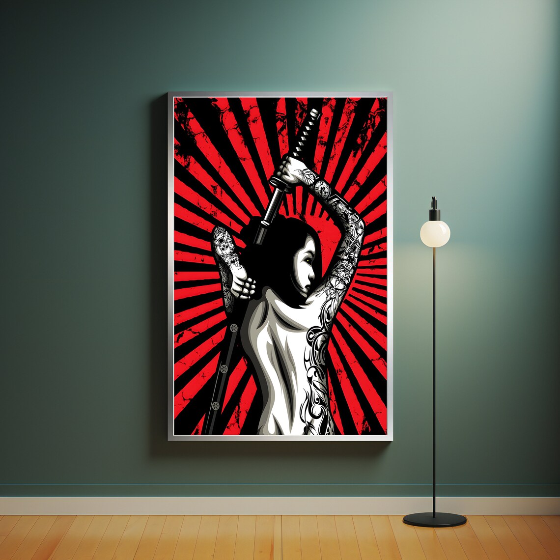 Japanese Samurai Girl With Katana Red Rising Sun Tattoo Art Print - Image 4