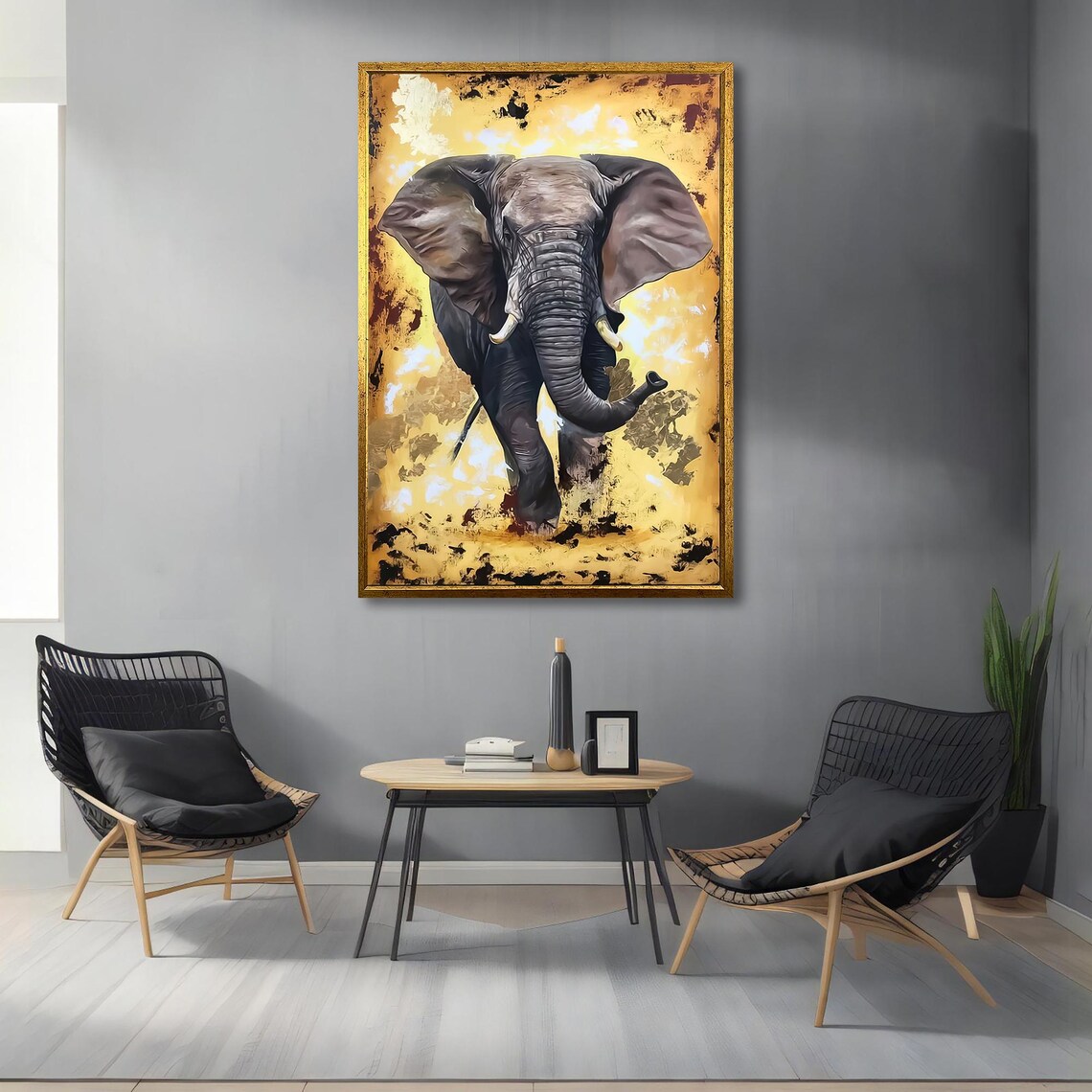 African Elephant Charging Golden Savanna Background Wildlife Art Poster - Image 3