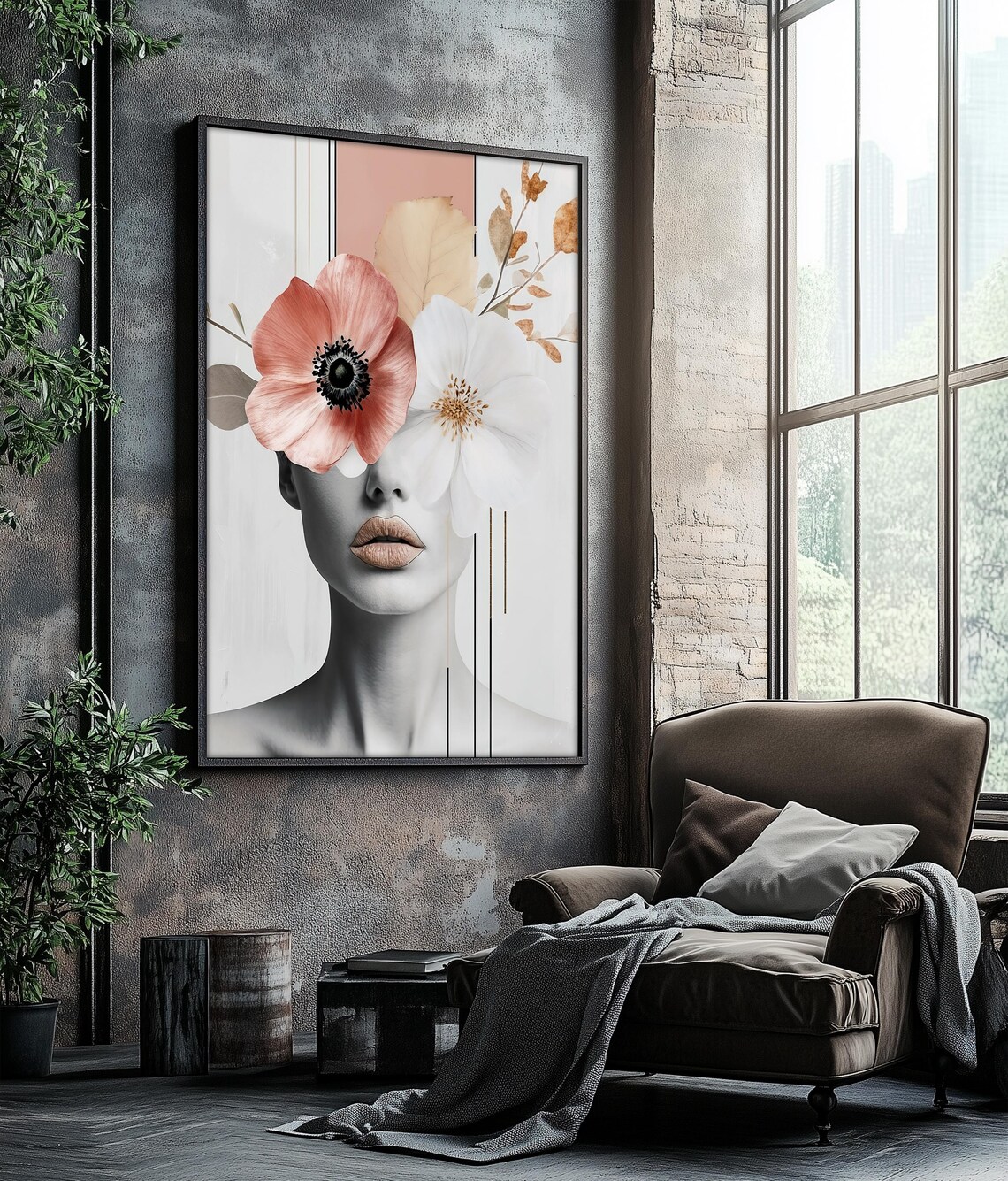 Floral Face Woman Poppy Blossom Minimalist Feminine Art Poster