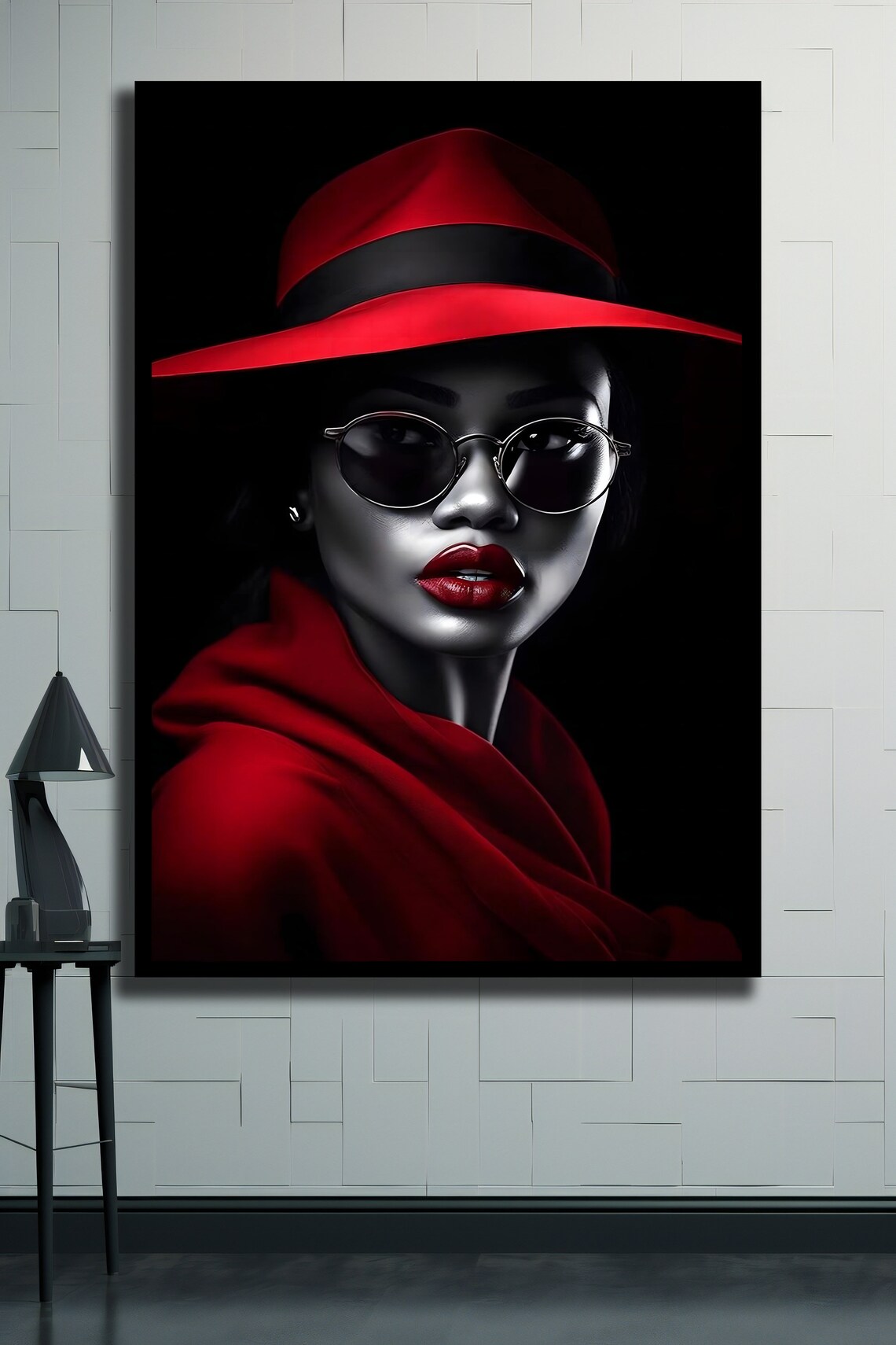 Red Hat Monochrome Woman Round Glasses Red Lips Dramatic Fashion Wall Poster - Image 2