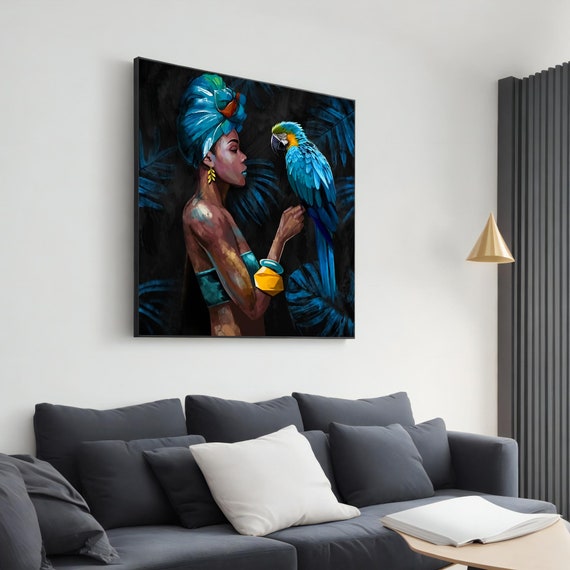 Exotic Woman And Parrot Print Vibrant Tropical Portrait Afrocentric Wall Decor Bold And Colorful Home Decoration Gift Idea