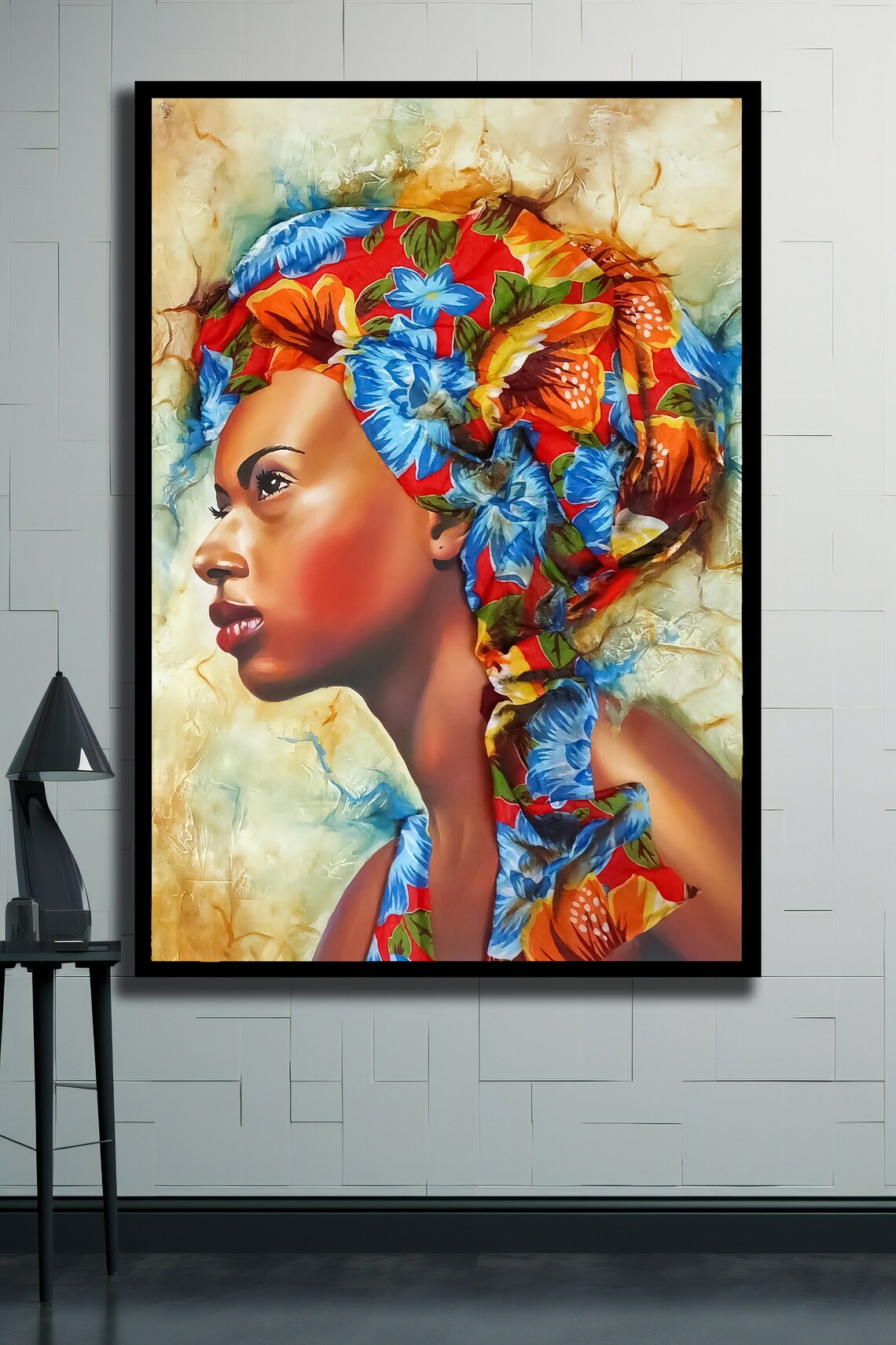 African Woman in Colorful Floral Headwrap Profile Portrait Wall Art - Image 2