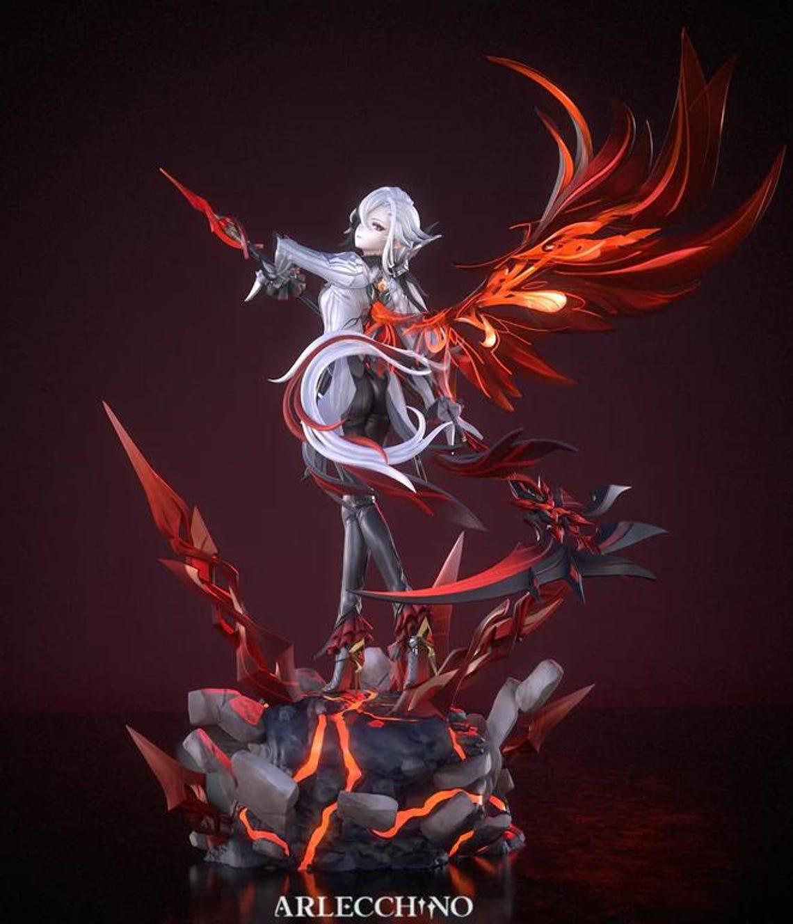 Arlecchino Genshin Impact 3D Figure Wings Spear Dark Art Poster