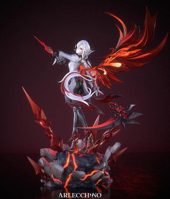 Arlecchino Genshin Impact 3D Figure Wings Spear Dark Art Poster