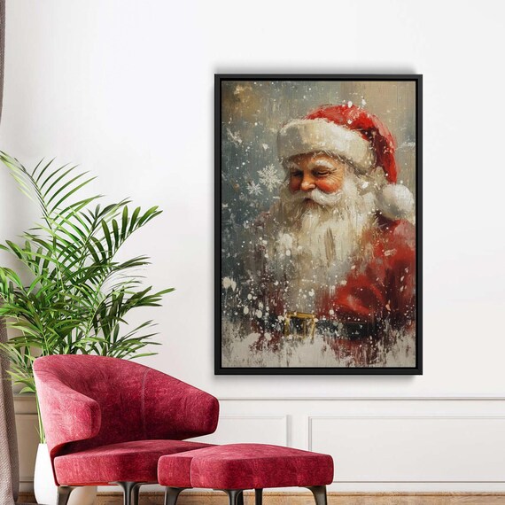 Vintage Santa Claus Portrait Snowy Christmas Oil Painting Art Poster