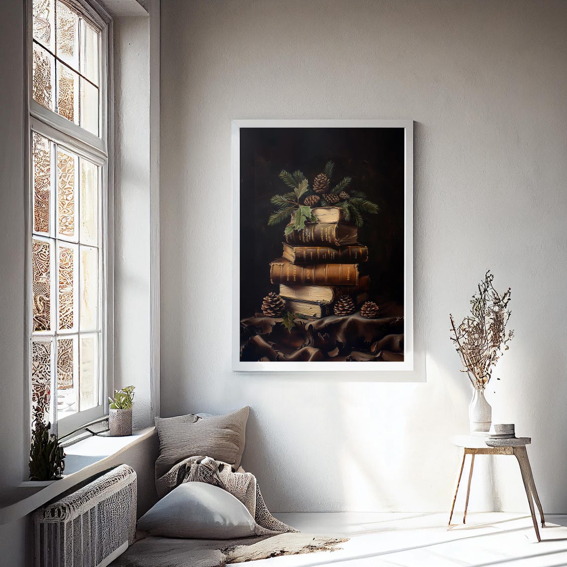 Antique Books Stack Pine Cones Holly Dark Moody Winter Wall Art Print - Image 2