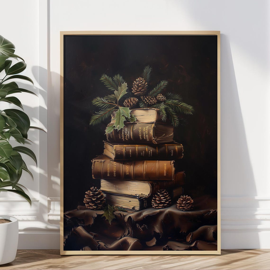 Antique Books Stack Pine Cones Holly Dark Moody Winter Wall Art Print - Image 5