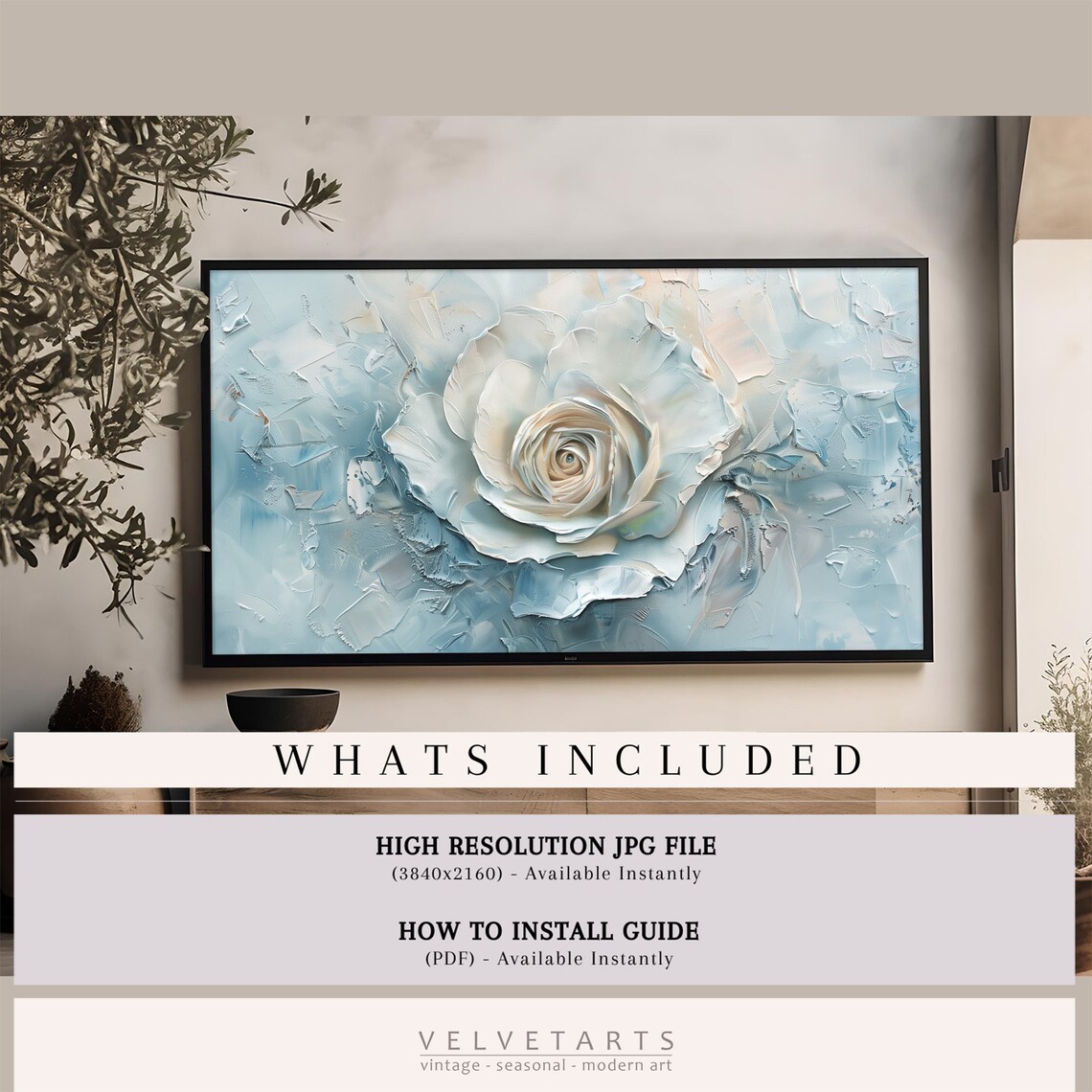 Blue White Rose Abstract Floral Textured Cool Painting Wall Art - Image 4