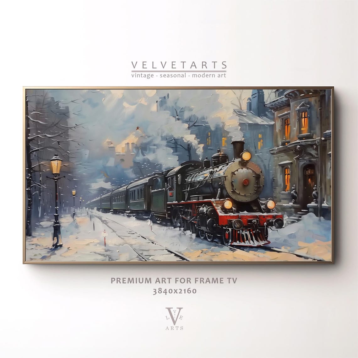 Frame Tv Art Steam Train In Snowy City Christmas Decor Winter Festive Painting Farmhouse Art Christmas Tv0220