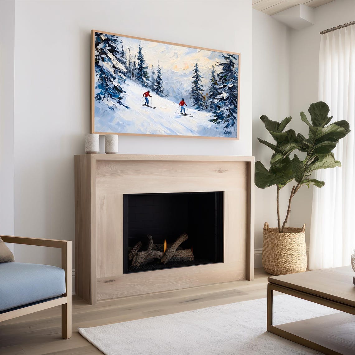Red Jacket Skiers Snowy Forest Slope Impasto Painting Dynamic Wall Art - Image 2