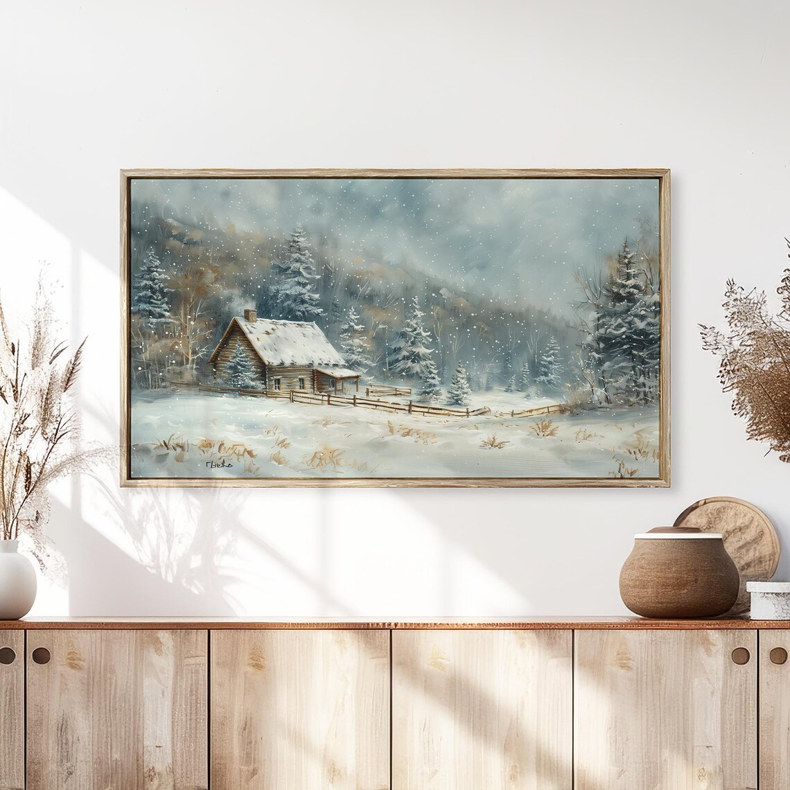 Frame Tv Art Snow Cabin In Winter Landscape Christmas Decor Winter Festive Painting Farmhouse Art Christmas Tv0213 - Image 3