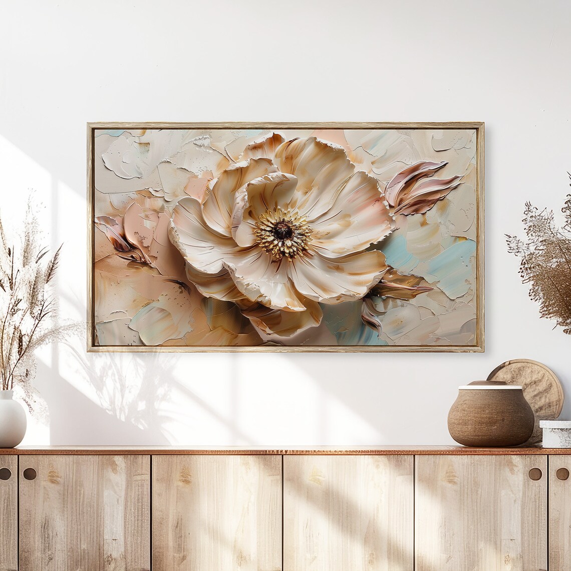 Ivory Peony Golden Center Impasto Floral Textured Painting Wall Art - Image 3