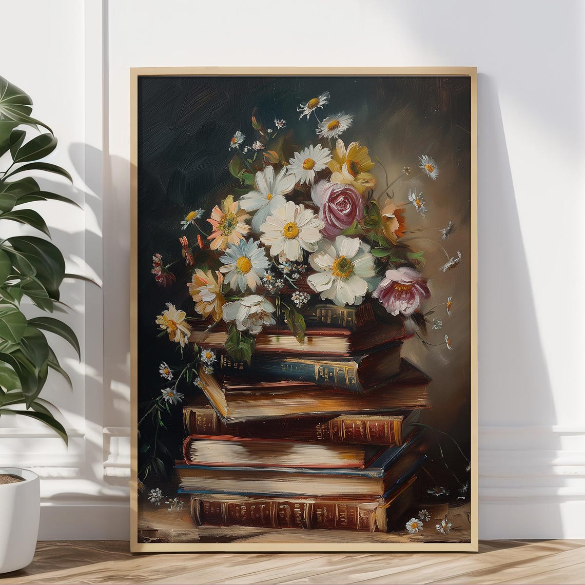 Daisies and Roses Bouquet on Stack of Vintage Books Art Poster - Image 5