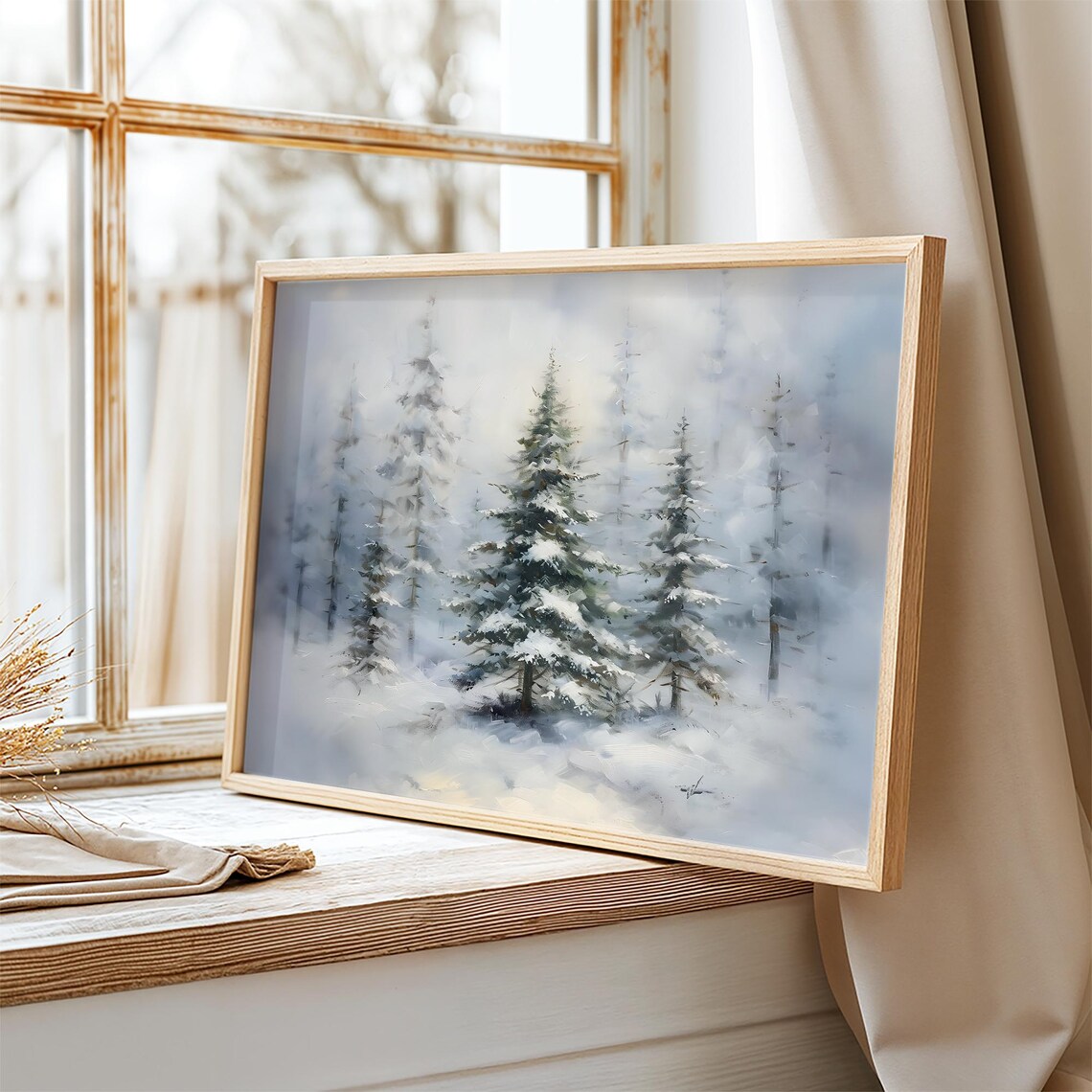 Snowy Evergreen Trees in a Misty Winter Forest Soft Painting Poster - Image 2