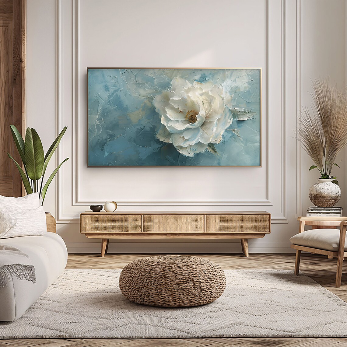 Icy Blue Peony Abstract Floral Textured Botanical Painting Wall Art - Image 5