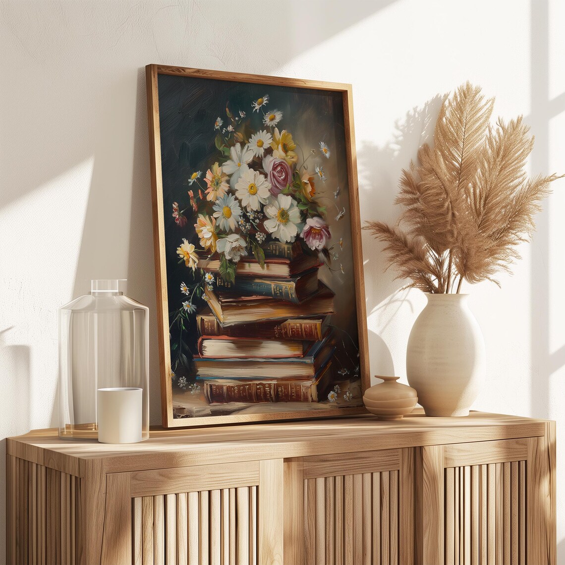 Daisies and Roses Bouquet on Stack of Vintage Books Art Poster - Image 3