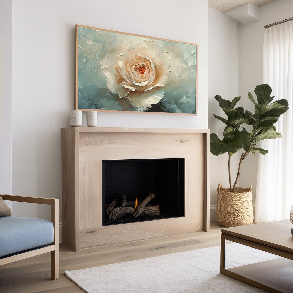 Cream Rose On Blue Grey Textured Vintage Floral Painting Wall Art - Image 2