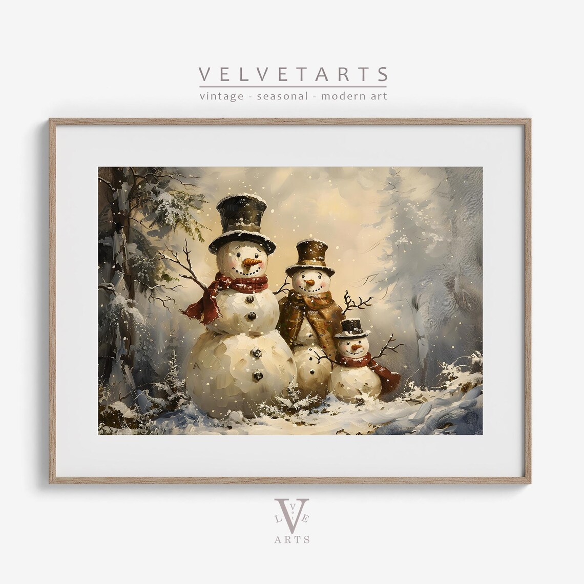 Snowman Family Trio in Top Hats in a Snowy Forest Christmas Poster