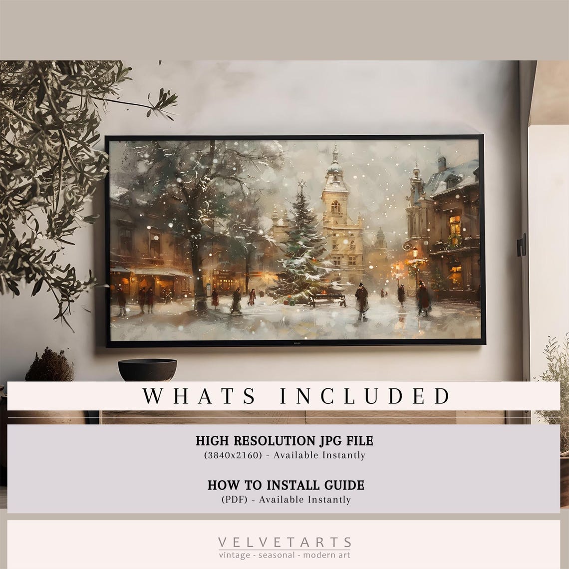 Old Town Square Snowfall Christmas Market Winter Painting Poster - Image 4