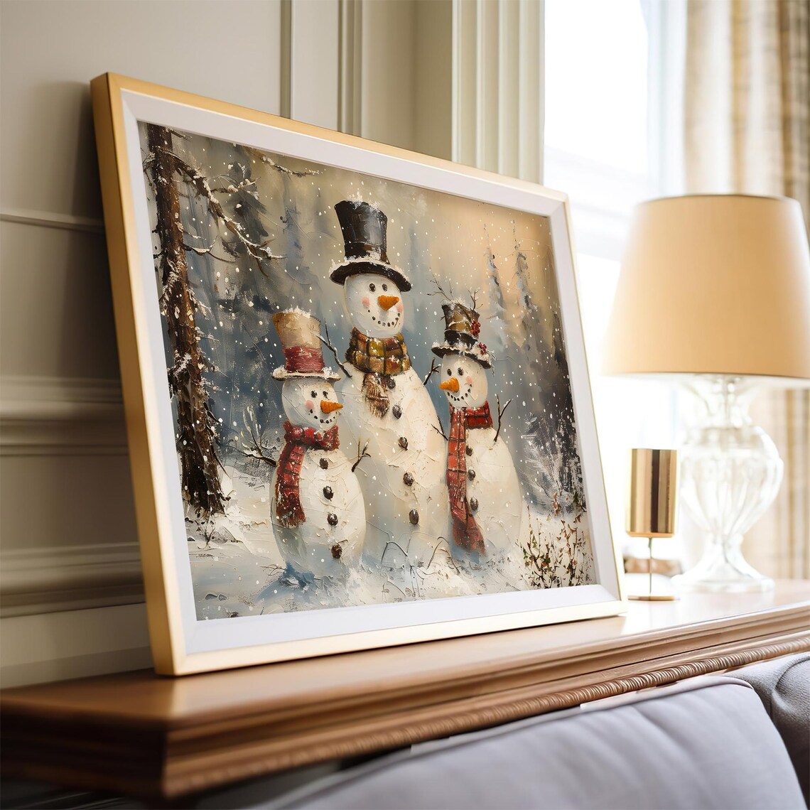 Snowman Trio With Top Hats And Plaid Scarves Christmas Wall Art