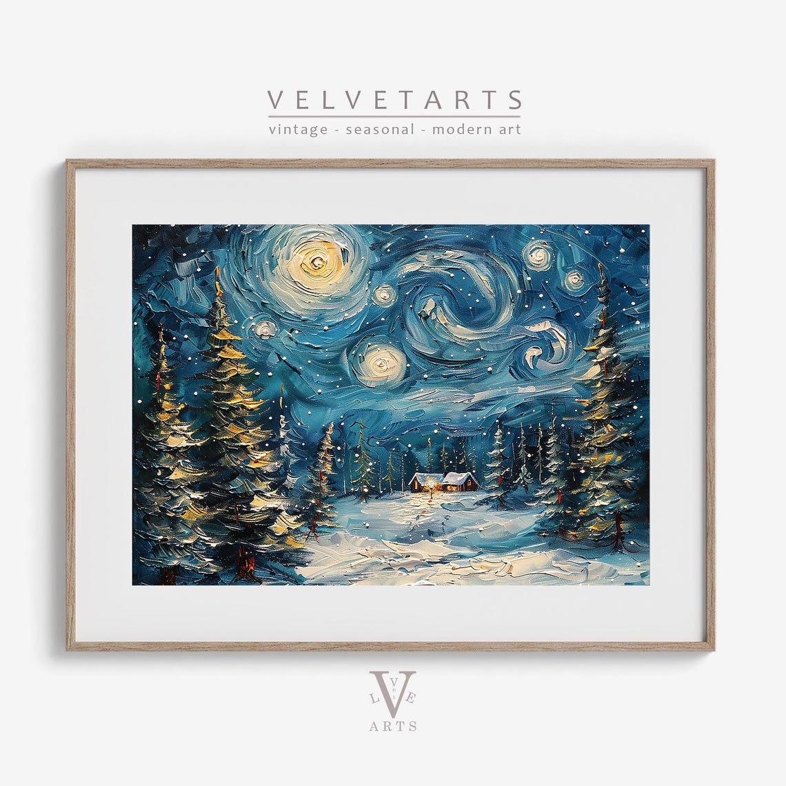 Starry Night Winter Cabins Snowy Pines Impasto Style Wall Art Print