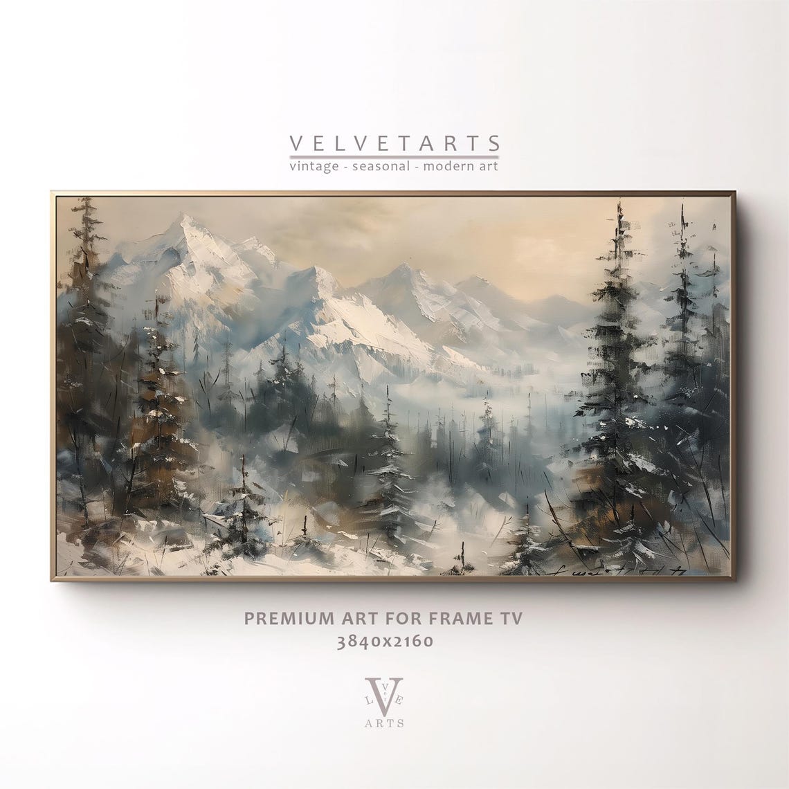 Misty Snow Covered Mountains and Pine Forest Winter Painting Poster - Image 5