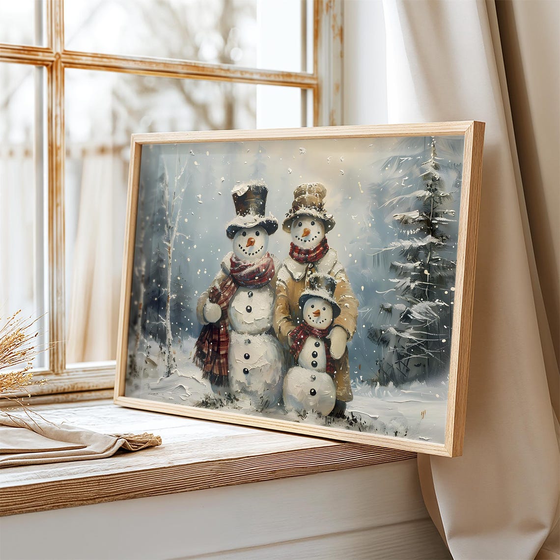 Snowman Family Portrait Vintage Painting Christmas Print Farmhouse Christmas Christmas Wall Art Vp0188 - Image 2